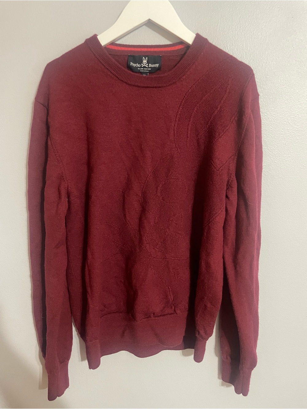 RARE Psycho Bunny Men's Logo Burgundy Merino Wool Crewneck Sweater